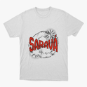 Camiseta com estampa frontal de texto em estilo pop art, com a palavra "Saravá" em destaque, rodeada por padrões circulares e efeitos pontilhados.