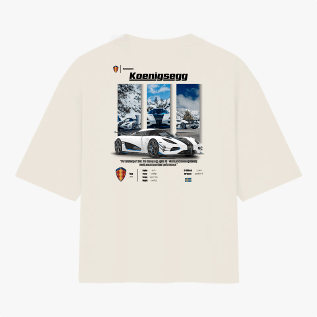 Camiseta com estampa frontal de carro esportivo sob montanhas nevadas, logo e informações técnicas da marca em destaque.