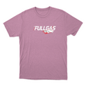 Camiseta com estampa frontal de carro com efeito de velocidade ao lado da palavra "FULLGAS" estilizada e estampa traseira de texto "FULLGAS" estilizado.