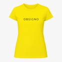 Camiseta com estampa frontal de texto minimalista apresentando a palavra "OBSIGNO" em um estilo simples e moderno.