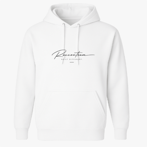 Moletom com estampa frontal de texto cursivo "Racoon Team" e lema, e estampa traseira de monograma "RT", "Raccon Team" e "Est. 2017" com setas.