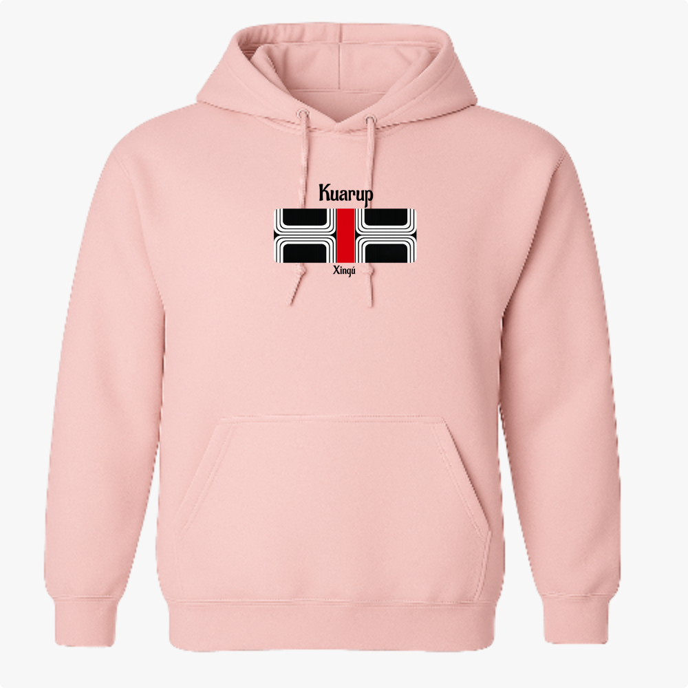 Moletom com estampa frontal de motivo geométrico com linhas curvas, inscrição "Kuarup Xingú" em destaque, e estampa traseira menor de design similar.