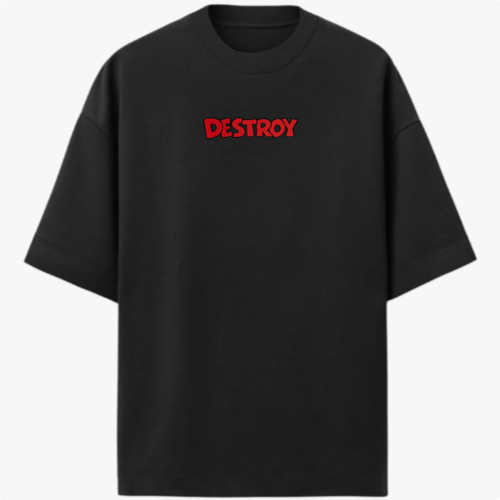 Camiseta com estampa frontal de texto "DESTROY" em fonte destacada e estampa traseira de personagens caricatos segurando potes de ervas e sal, com texto.
