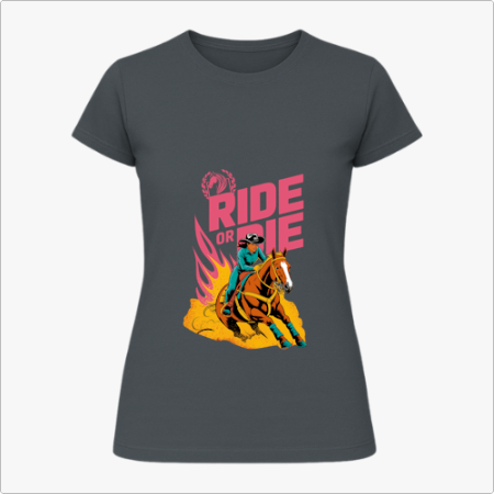 Camiseta com estampa frontal de um cowboy montado em cavalo sobreposto a chamas estilizadas, com a frase "Ride or Die" em letras grandes e robustas.