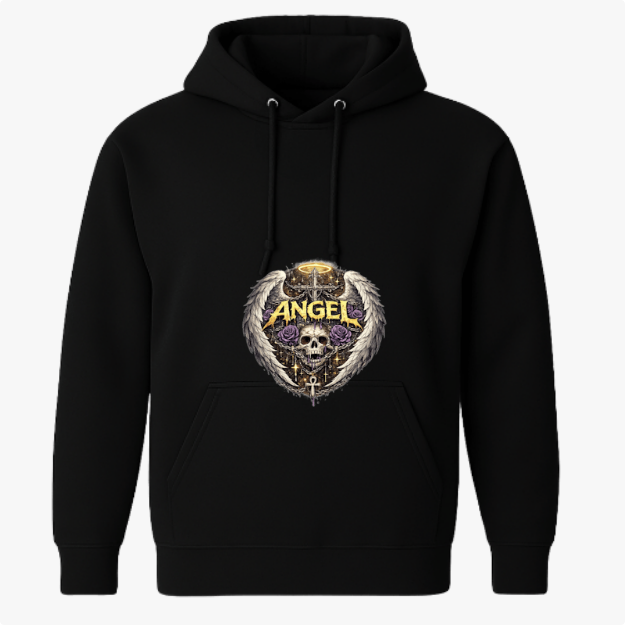 Moletom com estampa frontal de um crânio central, rodeado por asas detalhadas e rosas, com uma auréola dourada acima e a palavra "Angel" em destaque.