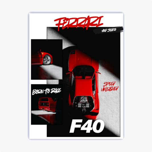 Quadro com estampa frontal de carro esportivo em vários ângulos, com palavras como "Born to Race" e "Speed Unleashed", destacando design dinâmico.