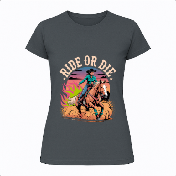 Camiseta com estampa frontal de cowboy montado em cavalo, fundo de pôr do sol com chamas verdes e a frase "Ride or Die" em destaque.