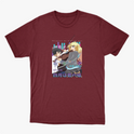 Camiseta com estampa frontal de dois personagens estilo anime, um rapaz e uma moça, acompanhados de instrumentos musicais e elementos urbanos ao fundo.