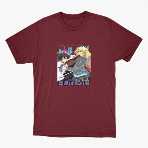 Camiseta com estampa frontal de dois personagens estilo anime, um rapaz e uma moça, acompanhados de instrumentos musicais e elementos urbanos ao fundo.