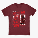 Camiseta com estampa frontal de personagem de mangá em posição dinâmica com espada, cercado por detalhes, textos estilizados e ilustrações adicionais.
