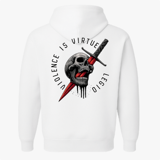 Moletom com estampa frontal de texto "VIOLENCE IS VIRTUE LEGIO" e estampa traseira de crânio perfurado por adaga vermelha, rodeado pelo mesmo texto.