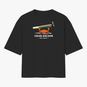 Camiseta com estampa frontal de caranguejo segurando um grande cigarro encostado na cabeça, com as palavras "Crab Escape - Get Away" abaixo.