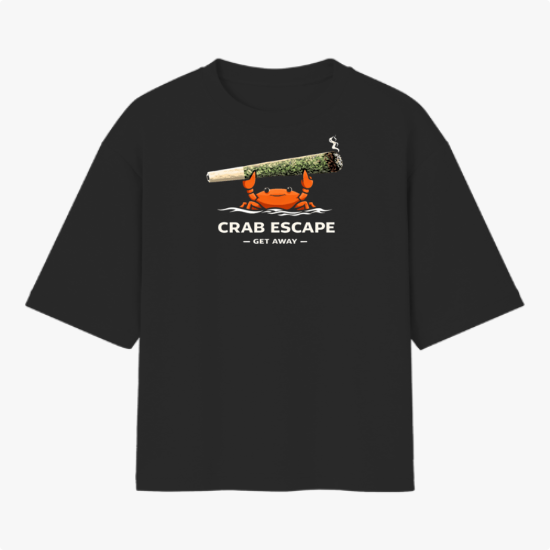 Camiseta com estampa frontal de caranguejo segurando um grande cigarro encostado na cabeça, com as palavras "Crab Escape - Get Away" abaixo.