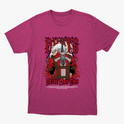 Camiseta com estampa frontal de personagem estilizado segurando uma espada grande, fundo cheio de detalhes gráficos intensos e letras estilizadas acima e abaixo.