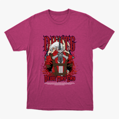 Camiseta com estampa frontal de personagem estilizado segurando uma espada grande, fundo cheio de detalhes gráficos intensos e letras estilizadas acima e abaixo.