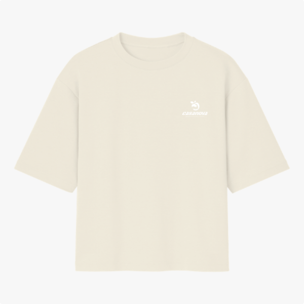 Camiseta com estampa frontal de logotipo discreto com texto pequeno e símbolo estilizado, e estampa traseira de pinguim surfando em onda com texto vibrante.