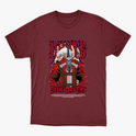 Camiseta com estampa frontal de personagem estilizado segurando uma espada grande, fundo cheio de detalhes gráficos intensos e letras estilizadas acima e abaixo.