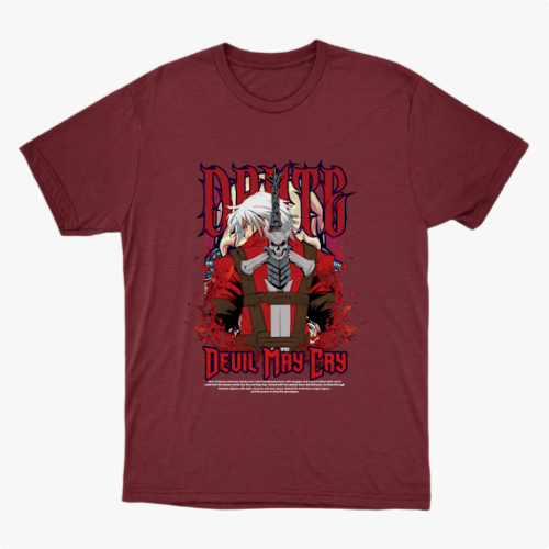 Camiseta com estampa frontal de personagem estilizado segurando uma espada grande, fundo cheio de detalhes gráficos intensos e letras estilizadas acima e abaixo.