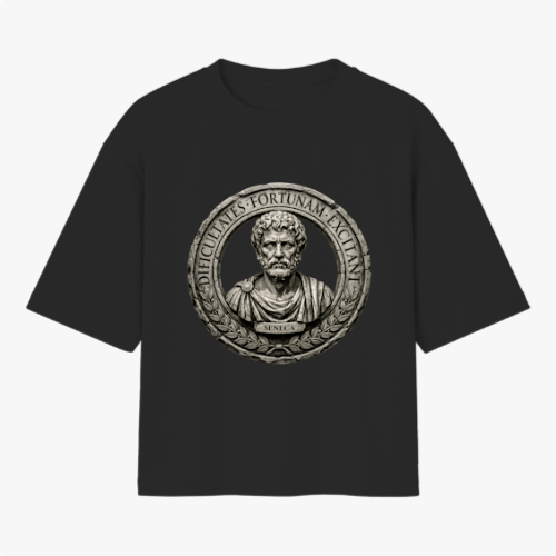 Camiseta com estampa frontal de um busto clássico em relevo de um filósofo romano, rodeado por uma inscrição em latim dentro de uma moldura circular detalhada.