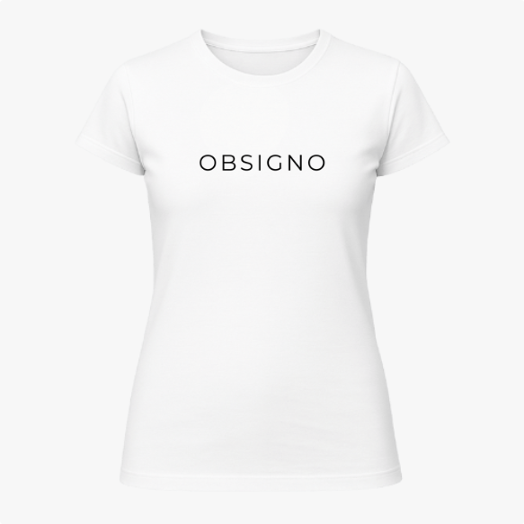 Camiseta com estampa frontal de texto minimalista apresentando a palavra "OBSIGNO" em um estilo simples e moderno.