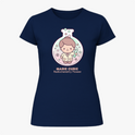 Camiseta com estampa frontal de uma figura estilizada dentro de um balão de laboratório, rodeada por símbolos científicos e a inscrição "Marie Curie Radiochemistry Pioneer".