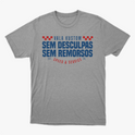 Camiseta com estampa frontal de texto estilizado "VALA KUSTOM, SEM DESCULPAS, SEM REMORSOS" e "EST. SPEED & SERVICE 25" com detalhes quadrados.