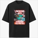 Camiseta com estampa frontal de um dinossauro verde sorridente, acompanhado por textos variados, setas, número "79" e elementos gráficos dinâmicos.