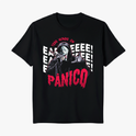 Camiseta com estampa frontal de máscara assustadora, texto "TODO MUNDO EM EEEEEEL PÂNICO" e fundo com repetições gráficas da letra "E".