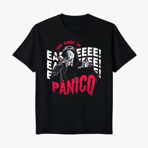 Camiseta com estampa frontal de máscara assustadora, texto "TODO MUNDO EM EEEEEEL PÂNICO" e fundo com repetições gráficas da letra "E".