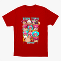 Camiseta com estampa frontal de personagens chibi usando diferentes chapéus rosa e azul, acompanhados de letras estilizadas em um tom vibrante.