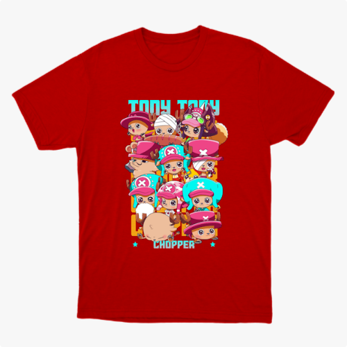 Camiseta com estampa frontal de personagens chibi usando diferentes chapéus rosa e azul, acompanhados de letras estilizadas em um tom vibrante.