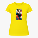 Camiseta com estampa frontal de panda estilizado usando óculos escuros, lenço e traje moderno, inserido em um design geométrico abstrato.