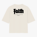 Camiseta com estampa frontal de "REMNNT" e estampa traseira de "Faith" acompanhada da frase "The just shall live by faith Hab 2:4".