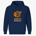 Moletom com estampa frontal de uma bola de basquete com linhas estilizadas ao lado de uma cesta, acompanhada das palavras "BTO BONITO BASKETBALL".
