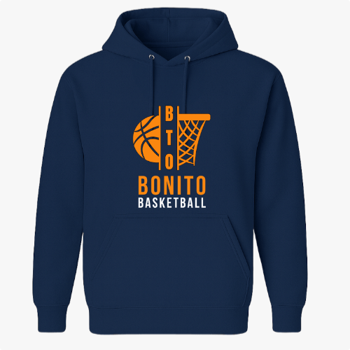 Moletom com estampa frontal de uma bola de basquete com linhas estilizadas ao lado de uma cesta, acompanhada das palavras "BTO BONITO BASKETBALL".