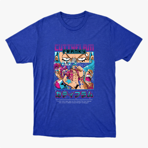 Camiseta com estampa frontal de ilustração em estilo anime, apresentando personagem com pose dinâmica, letras coloridas acima e inscrições japonesas abaixo.