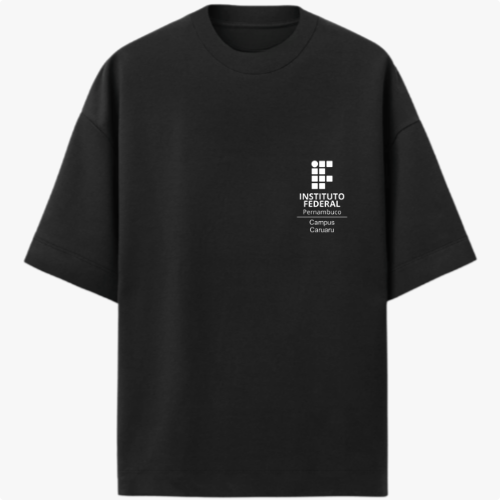 Camiseta com estampa frontal de logo e texto do Instituto Federal Campus Caruaru e estampa traseira de engrenagem, texto "Mecatrônica IFPE" e elementos gráficos.