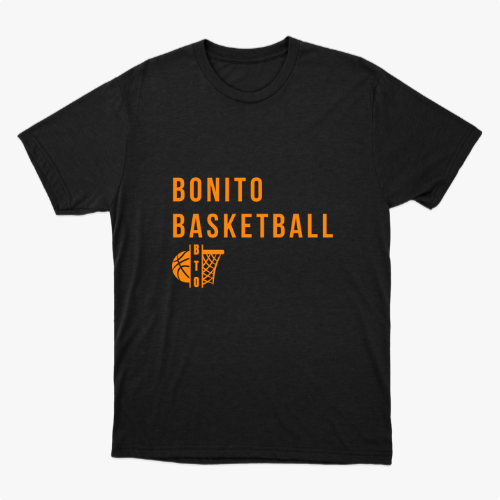 Camiseta com estampa frontal de texto "Bonito Basketball" acima de um desenho estilizado de uma bola de basquete com cesta ao lado.