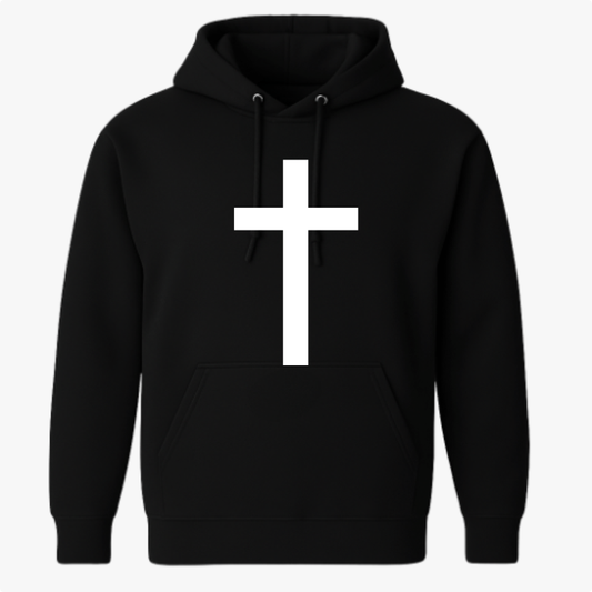 Moletom com estampa frontal de cruz minimalista e estampa traseira de graffiti estilizado em pequeno tamanho próximo à gola.