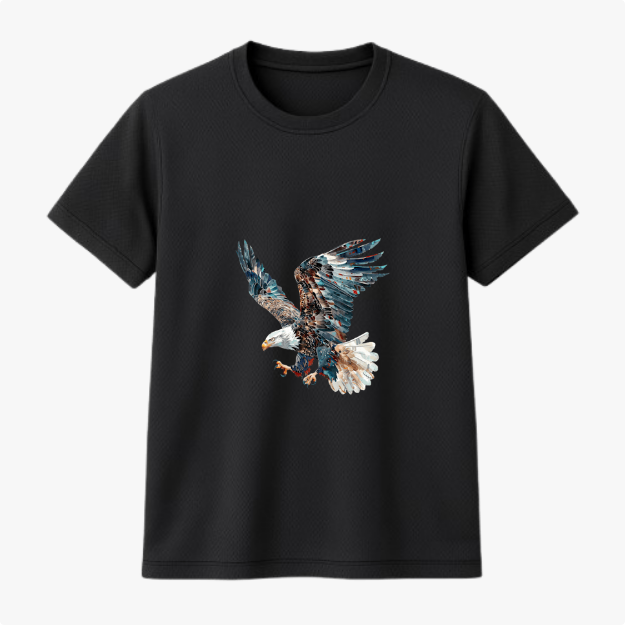 Camiseta com estampa frontal de uma águia em pleno voo, detalhando penas majestosas e olhar penetrante, capturando o momento em que se lança ao ar.