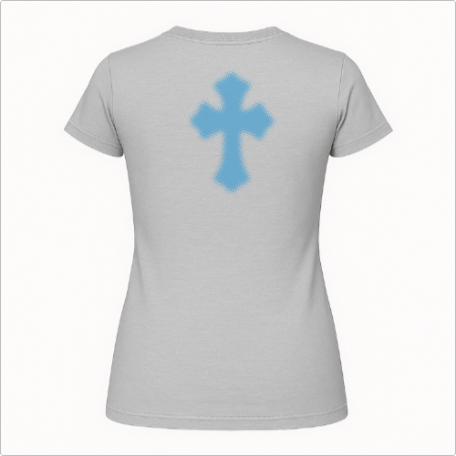 Camiseta com estampa frontal de "LIZZYE CORP" acompanhada de um pequeno símbolo abaixo e estampa traseira de uma cruz pixelada destacada.