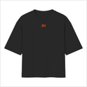 Camiseta com estampa frontal de um logotipo minimalista "PK" e estampa traseira de um guerreiro samurai com espada empunhada, acompanhado do texto "Parker Squad".