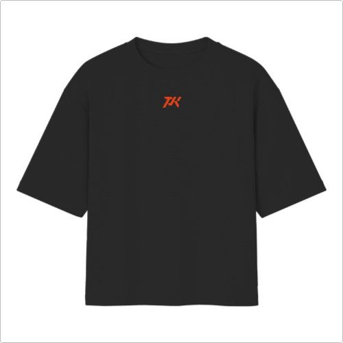 Camiseta com estampa frontal de um logotipo minimalista "PK" e estampa traseira de um guerreiro samurai com espada empunhada, acompanhado do texto "Parker Squad".