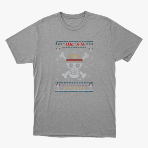Camiseta com estampa frontal de caveira estilizada com chapéu, ossos cruzados, flocos de neve, pequenos crânios e a frase "Feliz Natal" acima.