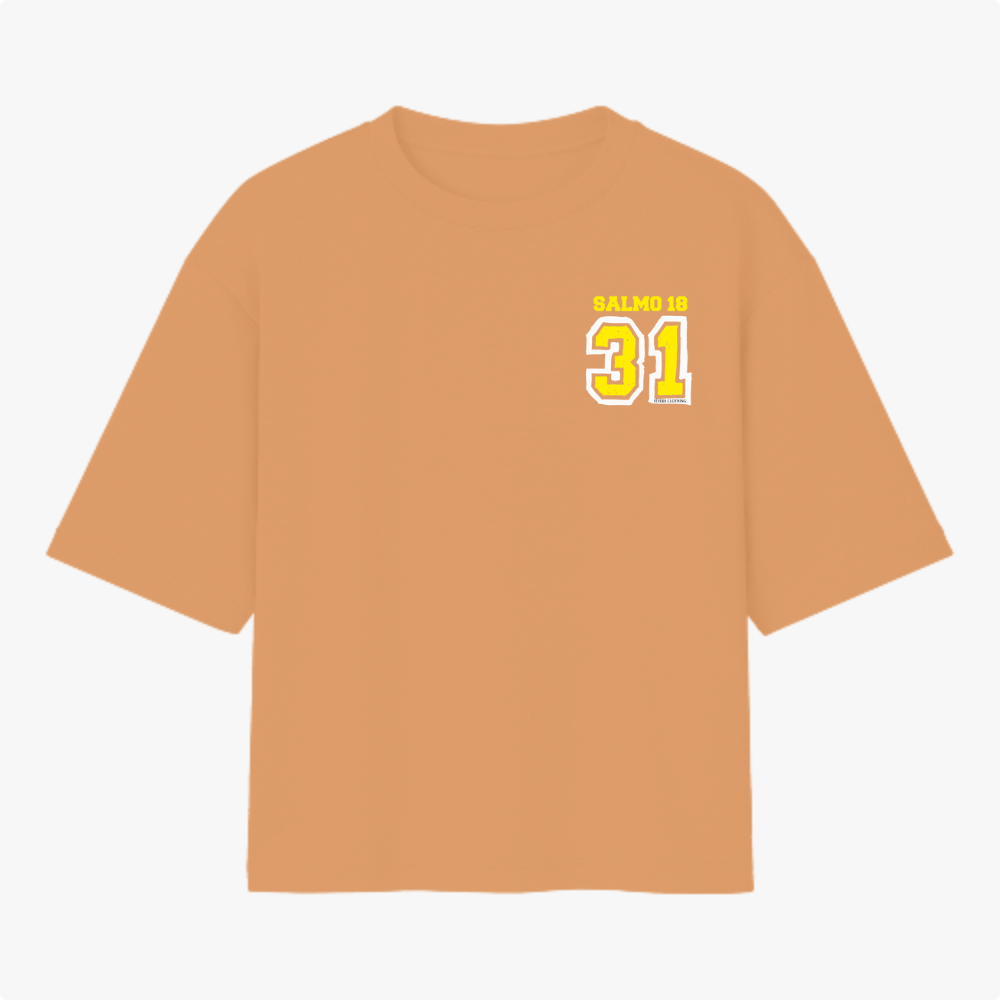 Camiseta com estampa frontal de "SALMO 18" e número "31" em estilo esportivo e estampa traseira idêntica, com lettering e numeração destacados.