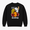 Moletom com estampa frontal de olhos em expressão intensa e caracteres abaixo, e estampa traseira de caveira com capacetes, flores e texto "REVENGE".