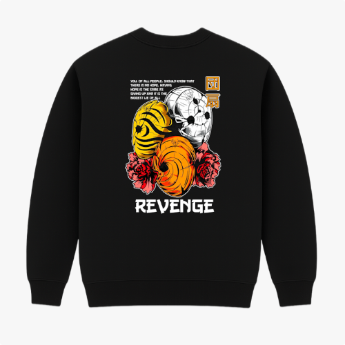 Moletom com estampa frontal de olhos em expressão intensa e caracteres abaixo, e estampa traseira de caveira com capacetes, flores e texto "REVENGE".