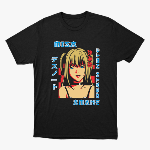 Camiseta com estampa frontal de uma personagem anime com cabelos longos, acompanhada de textos em estilo japonês ao redor.