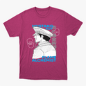 Camiseta com estampa frontal de personagem estilo mangá em perfil, com chapéu militar, acompanhada de textos como "Mustang Roy" e "Flame Alchemist".