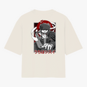 Camiseta com estampa frontal de olho estilizado e texto "SHISUI" e estampa traseira de personagem com expressão intensa, fundo geométrico e escrita em japonês.